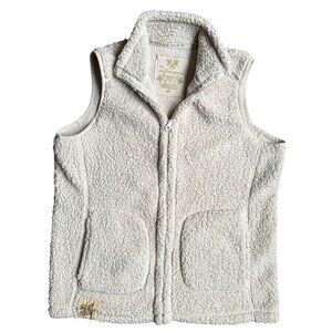 Life Is Good Womens Cozy Sherpa Vest Zip‎ Up M Chore Pockets Off White Fitted